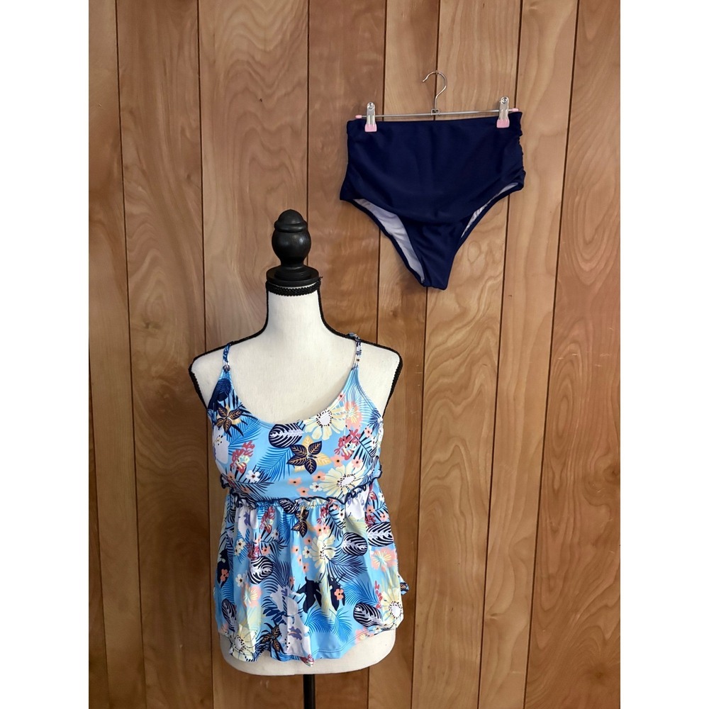 Blue Tropical Floral Tankini Set High Waisted Navy Bottoms Two Piece Swimsuit M